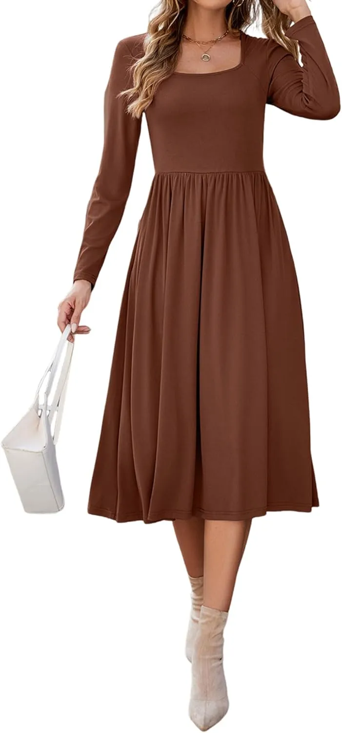 Newshows Women's Summer Square Neck Ribbed Knit Short/Long Sleeve A Line Flowy Midi Dress with Pockets