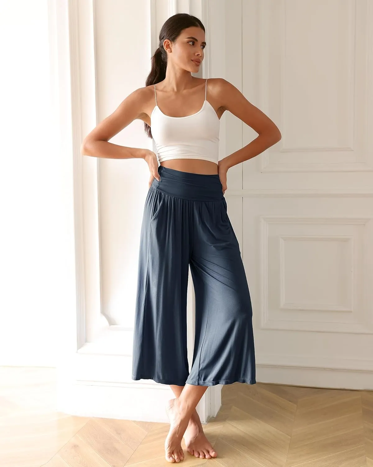 ODODOS Women's Wide Leg Palazzo Lounge Cropped Pants with Pockets Light Weight Comfy Pajama Capri Pants-20/22"/ 24" Inseam