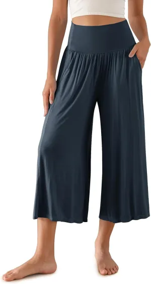 ODODOS Women's Wide Leg Palazzo Lounge Cropped Pants with Pockets Light Weight Comfy Pajama Capri Pants-20/22"/ 24" Inseam