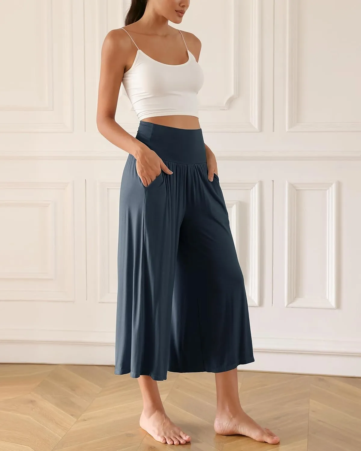 ODODOS Women's Wide Leg Palazzo Lounge Cropped Pants with Pockets Light Weight Comfy Pajama Capri Pants-20/22"/ 24" Inseam