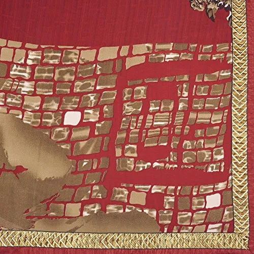 Oomph! Georgette Printed Saree With Embroidered Border ( Red and Brown )
