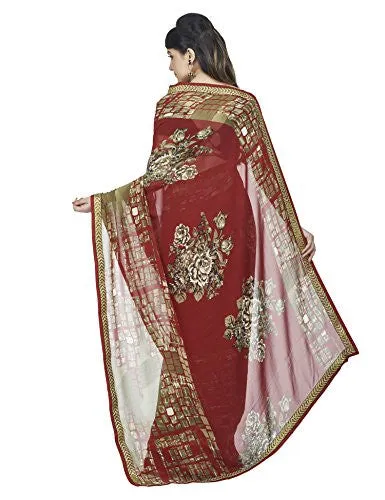 Oomph! Georgette Printed Saree With Embroidered Border ( Red and Brown )