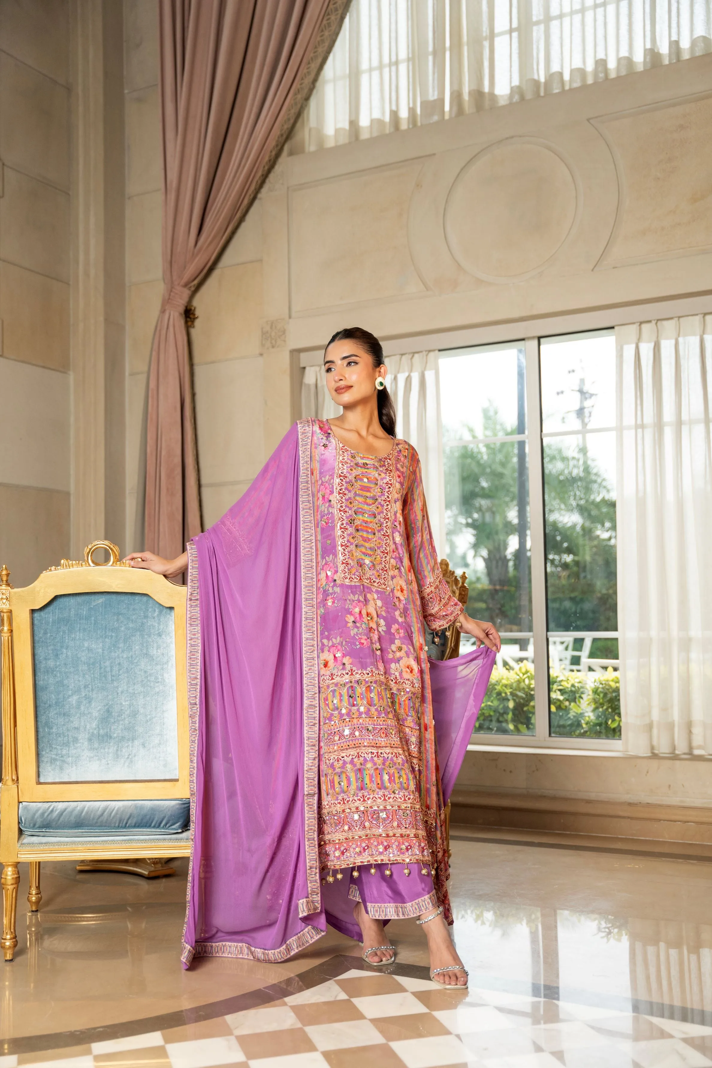 Orchid Ethnic Printed Crepe Silk Palazzo Set