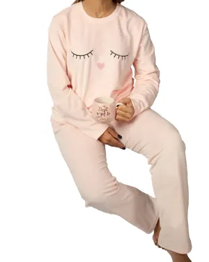 Pajama Set with Printed Lashes Long Sleeve Top and Plain Pants
