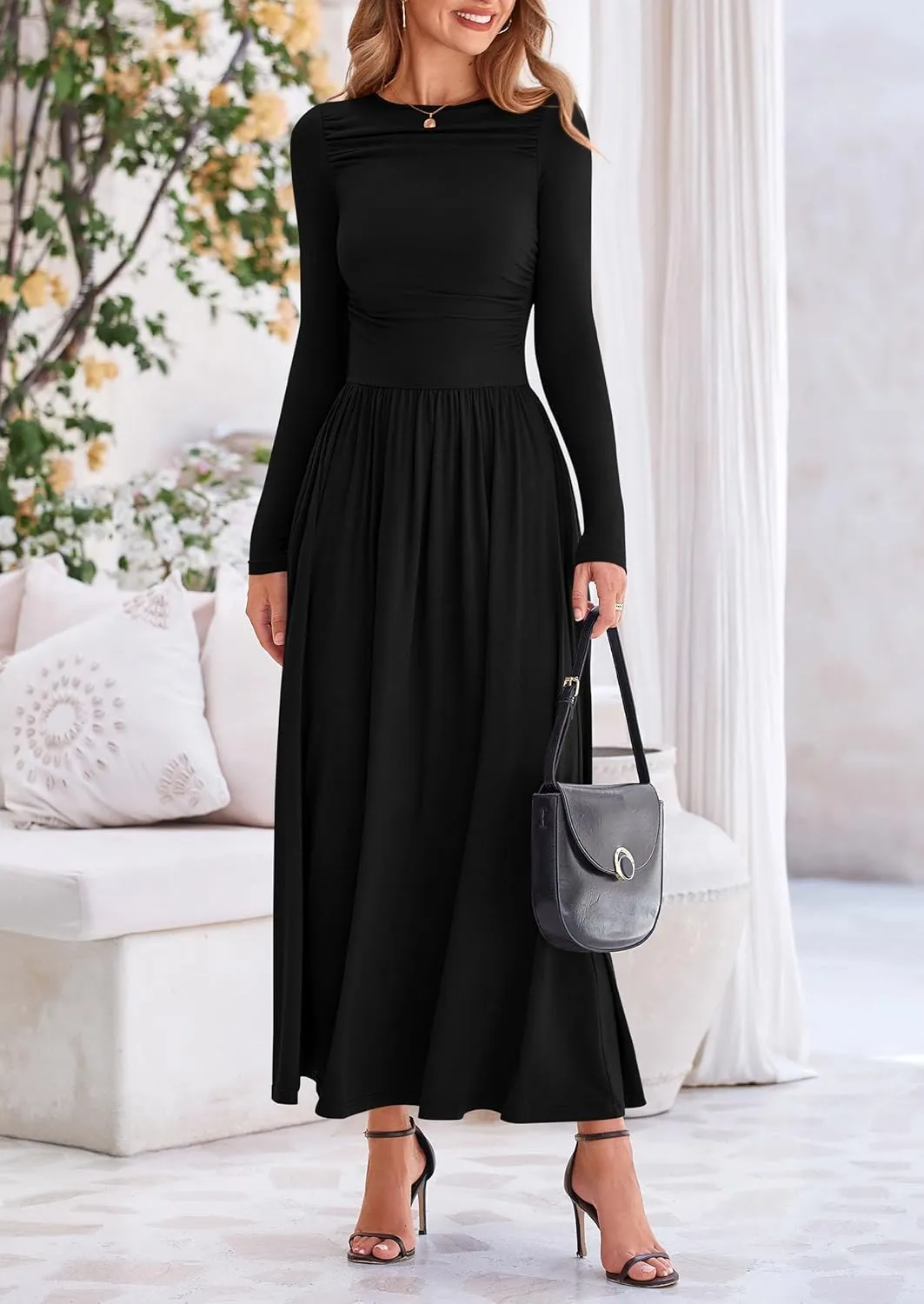 PRETTYGARDEN Women's 2025 Spring Casual Long Sleeve Maxi Dresses Crewneck Ruched A Line Flowy Elegant Modest Going Out Dress