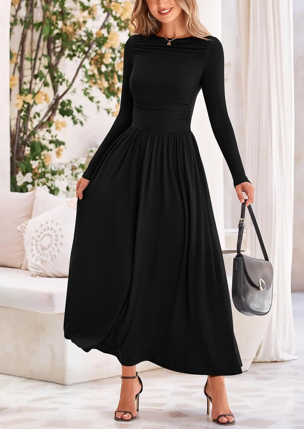 PRETTYGARDEN Women's 2025 Spring Casual Long Sleeve Maxi Dresses Crewneck Ruched A Line Flowy Elegant Modest Going Out Dress
