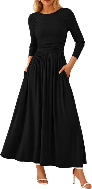PRETTYGARDEN Women's 2025 Spring Casual Long Sleeve Maxi Dresses Crewneck Ruched A Line Flowy Elegant Modest Going Out Dress