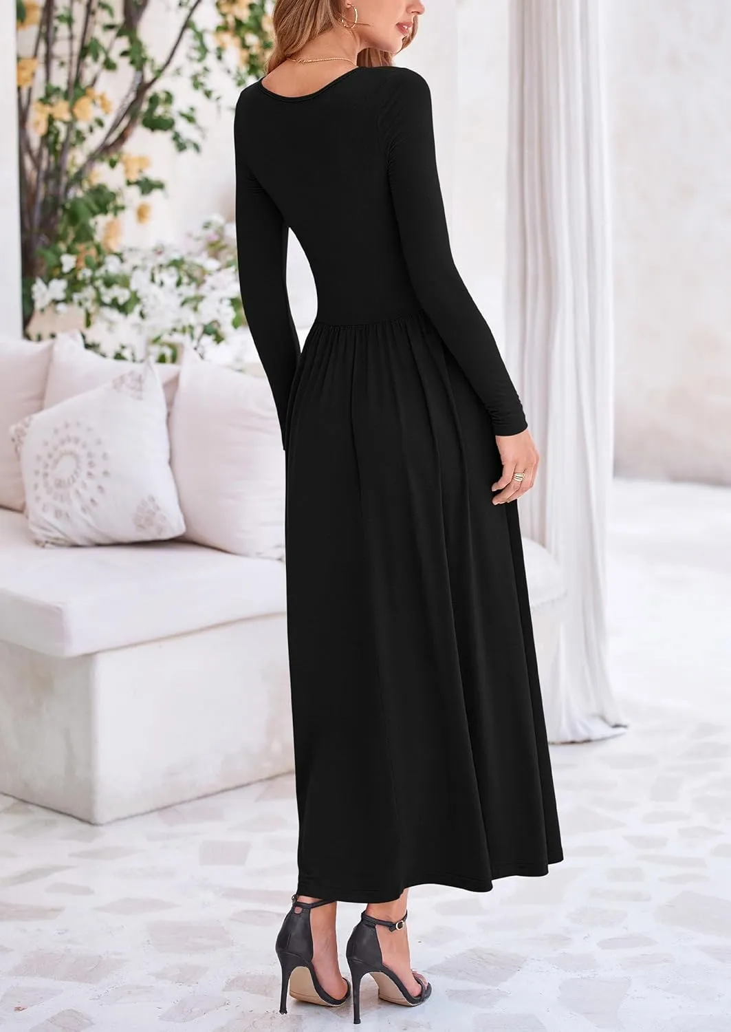 PRETTYGARDEN Women's 2025 Spring Casual Long Sleeve Maxi Dresses Crewneck Ruched A Line Flowy Elegant Modest Going Out Dress