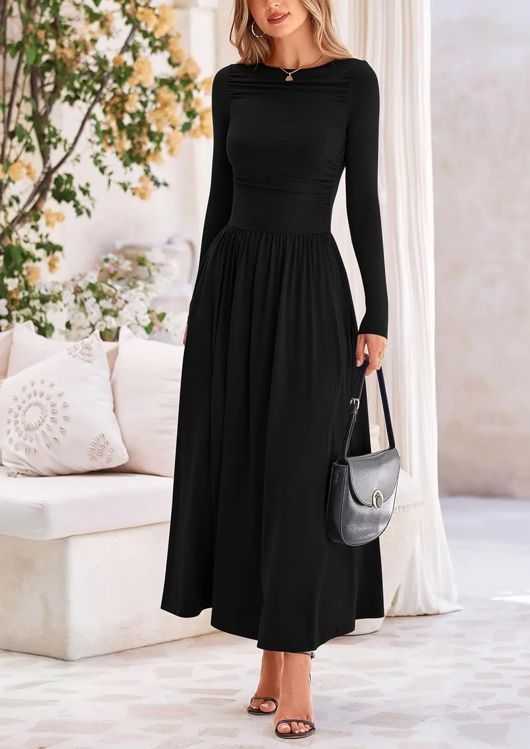 PRETTYGARDEN Women's 2025 Spring Casual Long Sleeve Maxi Dresses Crewneck Ruched A Line Flowy Elegant Modest Going Out Dress