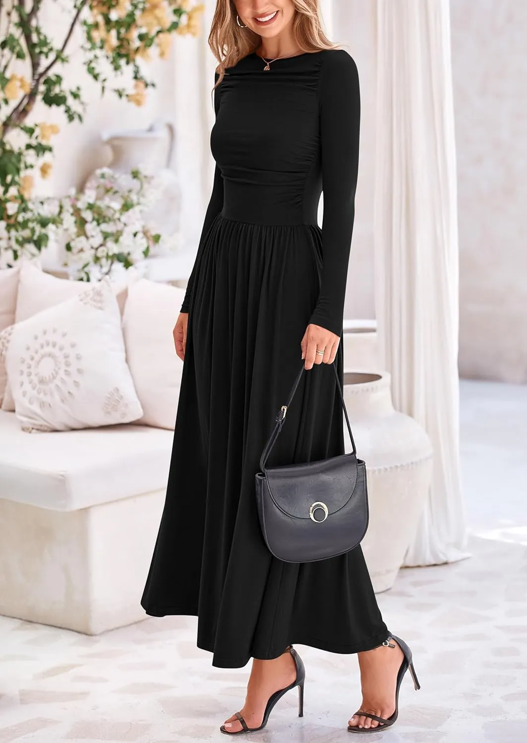 PRETTYGARDEN Women's 2025 Spring Casual Long Sleeve Maxi Dresses Crewneck Ruched A Line Flowy Elegant Modest Going Out Dress