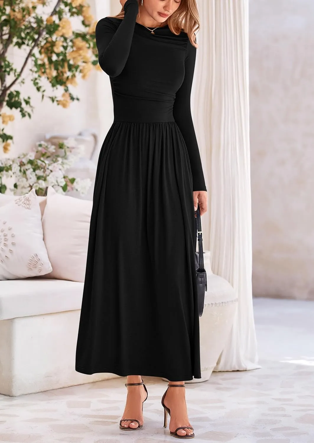 PRETTYGARDEN Women's 2025 Spring Casual Long Sleeve Maxi Dresses Crewneck Ruched A Line Flowy Elegant Modest Going Out Dress