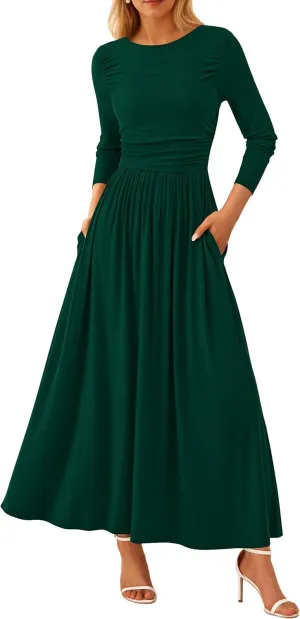 PRETTYGARDEN Women's 2025 Spring Casual Long Sleeve Maxi Dresses Crewneck Ruched A Line Flowy Elegant Modest Going Out Dress