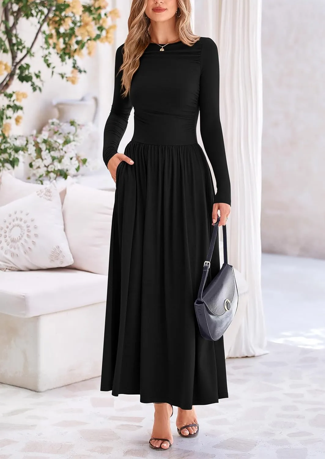 PRETTYGARDEN Women's 2025 Spring Casual Long Sleeve Maxi Dresses Crewneck Ruched A Line Flowy Elegant Modest Going Out Dress