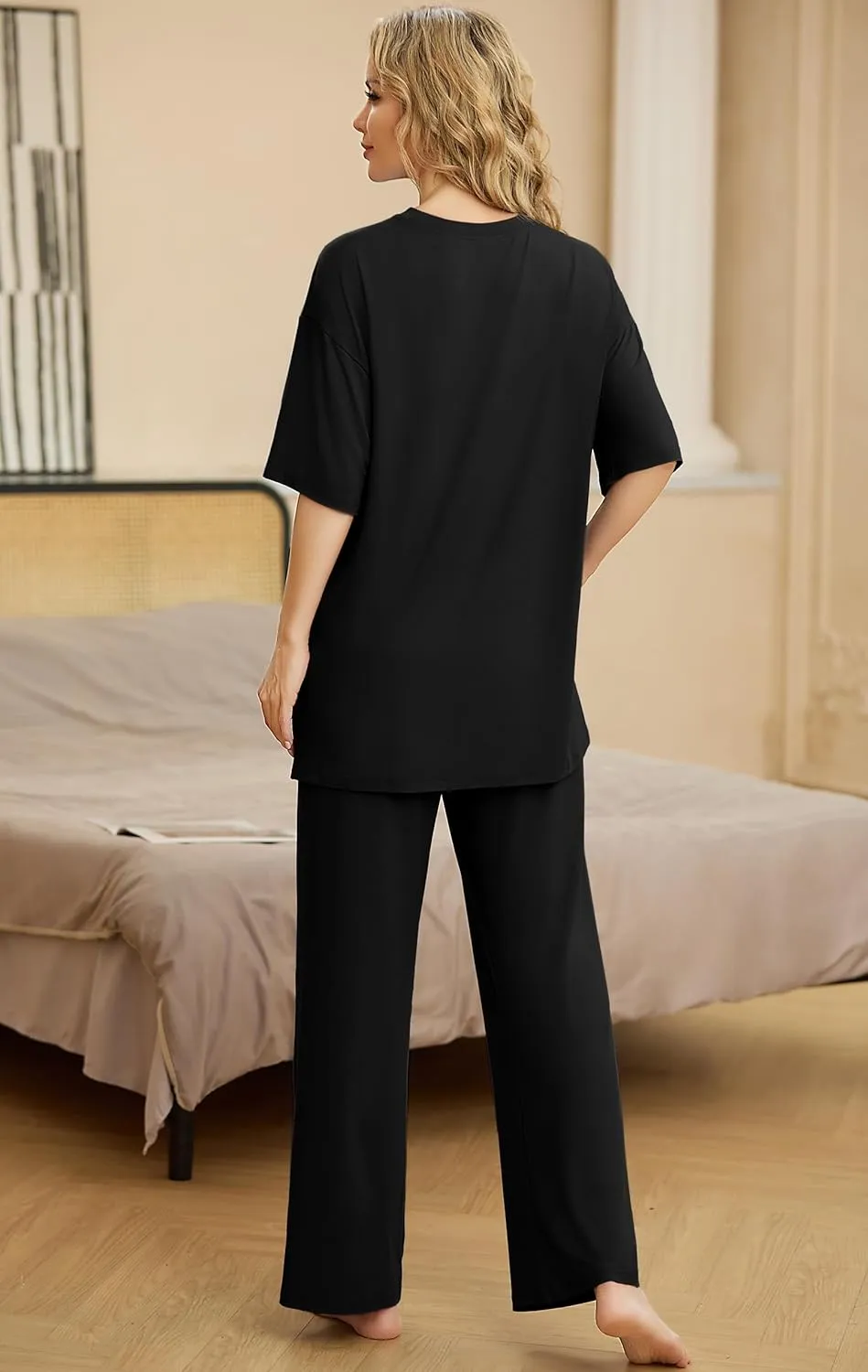 PrinStory Womens Pajamas Sets 2 Piece Lounge Set Short Sleeve Tops and Long Pants Soft Pjs Loungewear with Pockets