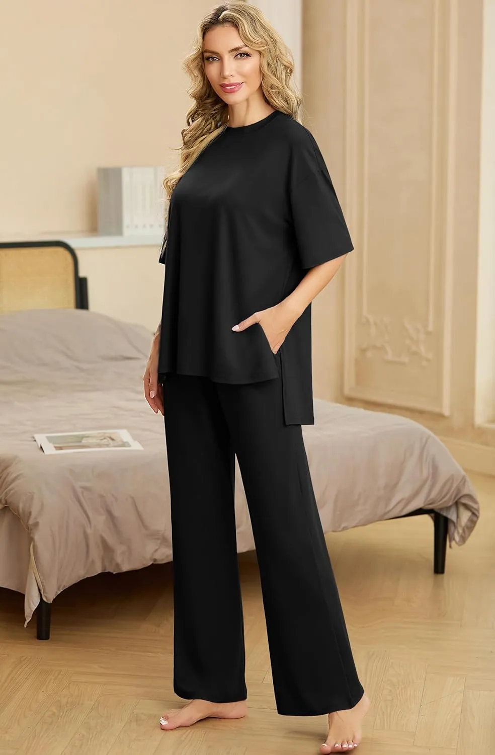 PrinStory Womens Pajamas Sets 2 Piece Lounge Set Short Sleeve Tops and Long Pants Soft Pjs Loungewear with Pockets
