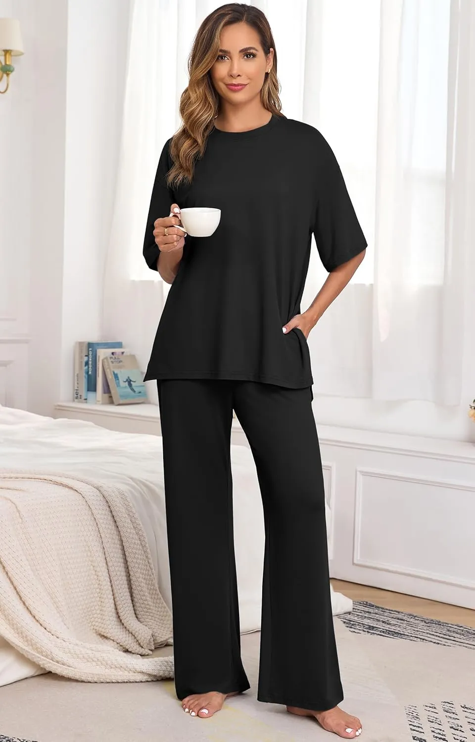 PrinStory Womens Pajamas Sets 2 Piece Lounge Set Short Sleeve Tops and Long Pants Soft Pjs Loungewear with Pockets