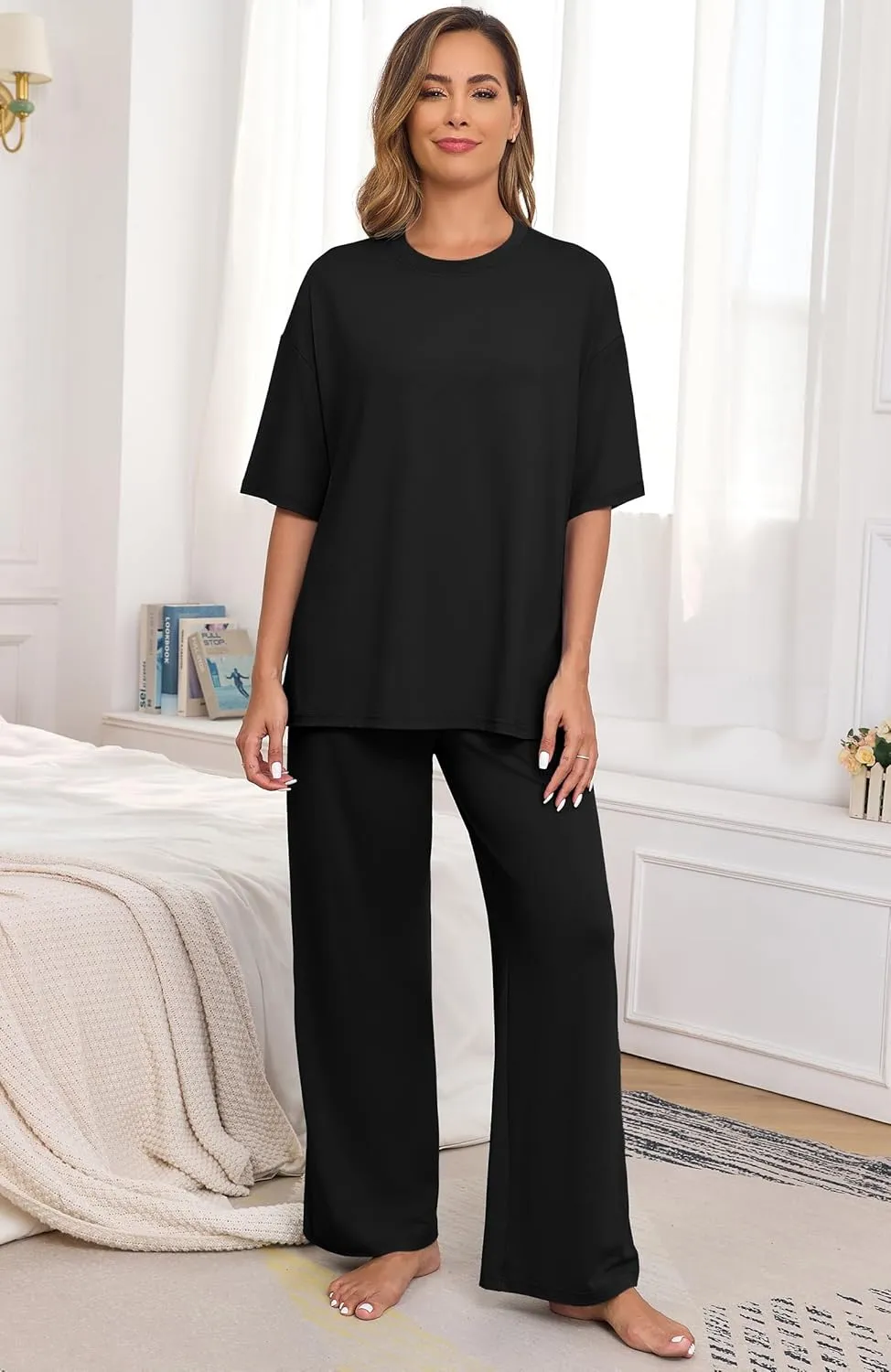 PrinStory Womens Pajamas Sets 2 Piece Lounge Set Short Sleeve Tops and Long Pants Soft Pjs Loungewear with Pockets
