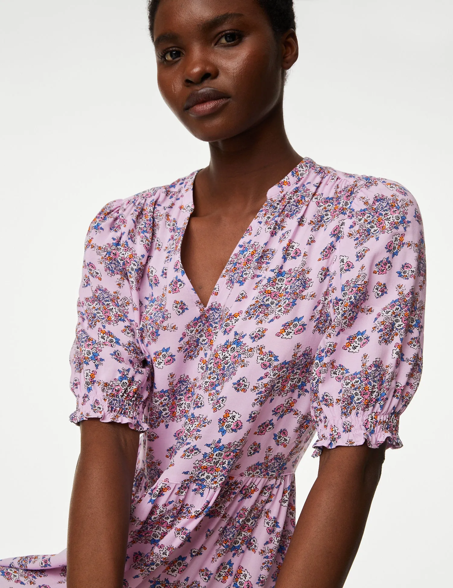 Printed V-Neck Knee Length Tiered Dress
