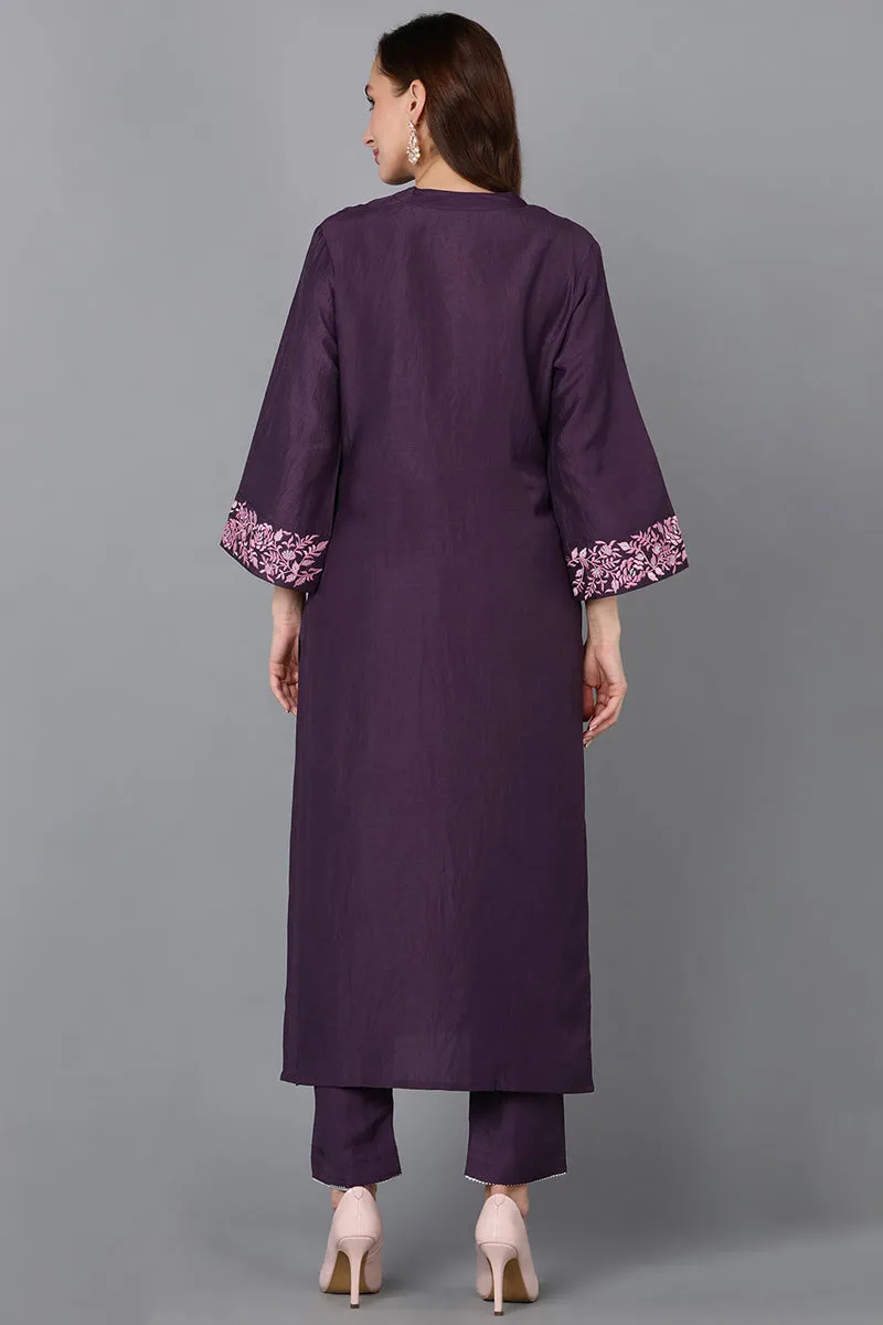 Purple Silk Blend Embroidered Kurta