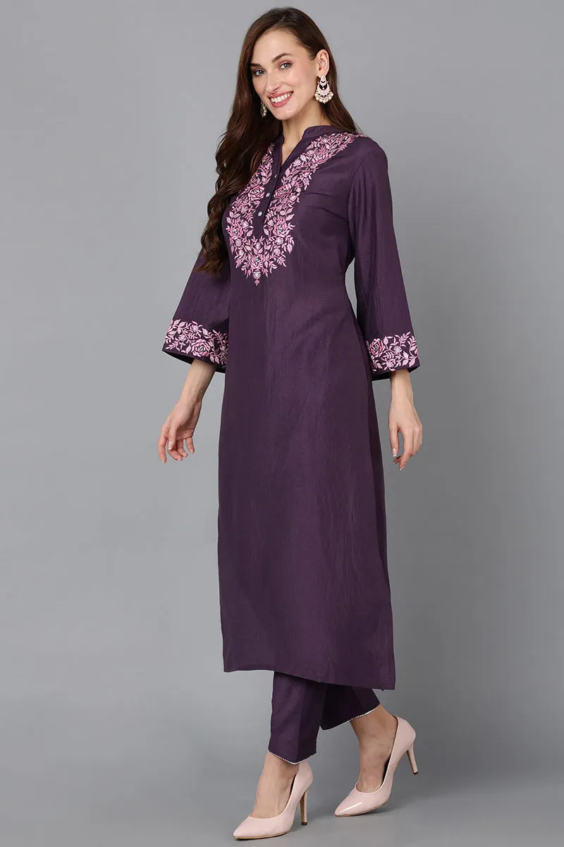 Purple Silk Blend Embroidered Kurta