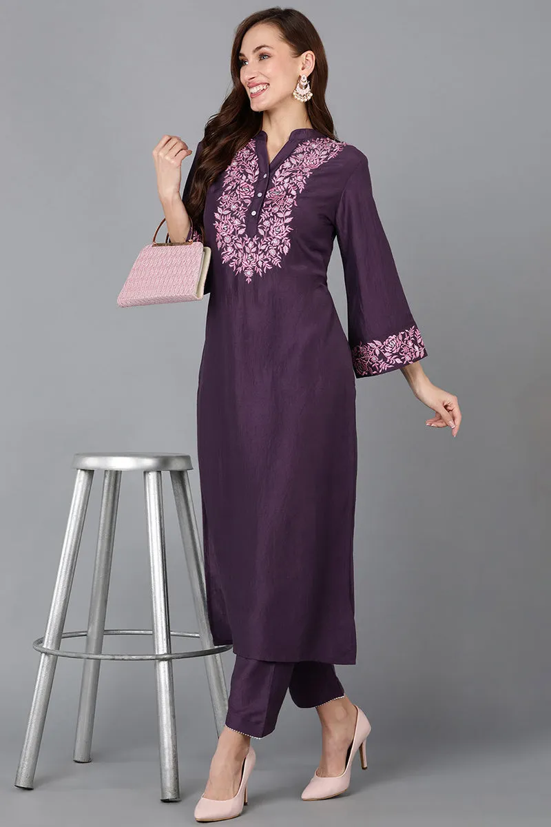 Purple Silk Blend Embroidered Kurta