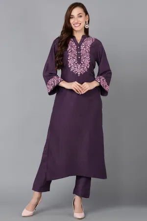 Purple Silk Blend Embroidered Kurta