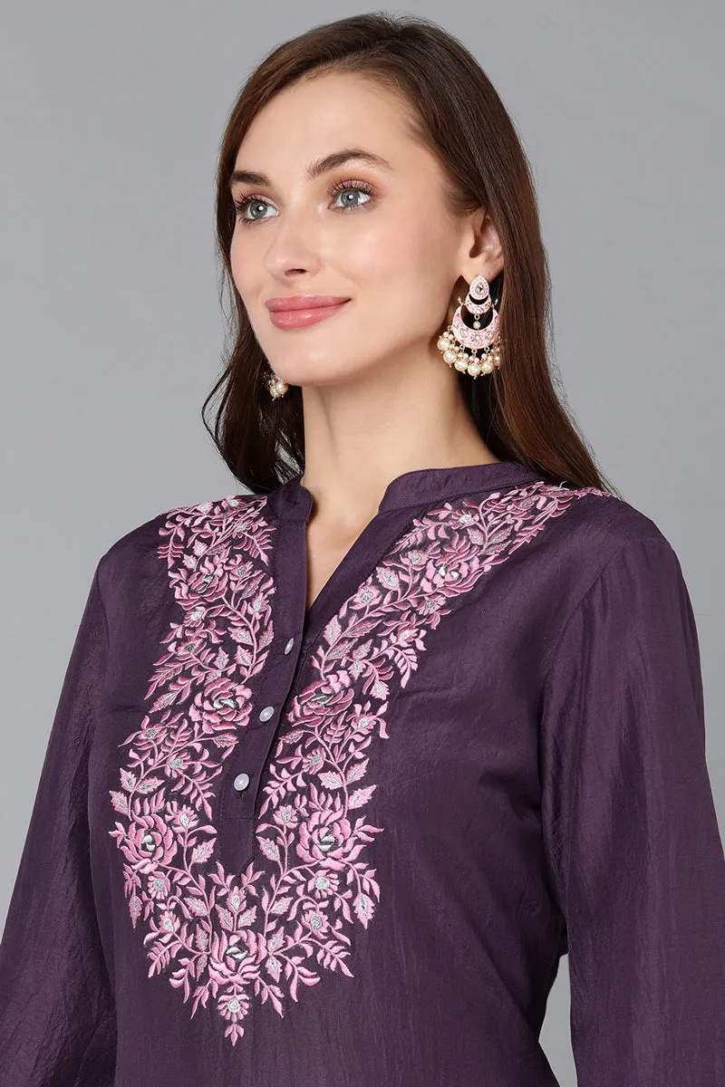Purple Silk Blend Embroidered Kurta