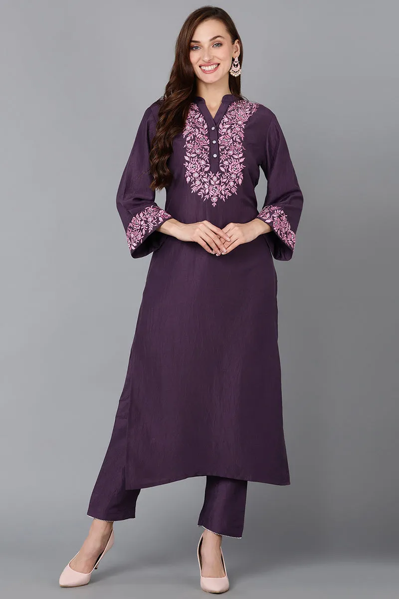 Purple Silk Blend Embroidered Kurta