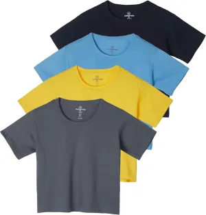 Real Essentials 4 Pack: Women's Cotton Short Sleeve Crop Top  Cropped Casual Crew Neck T-Shirts (Available in Plus Size)