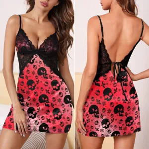 Red Gradient Skull Women's Back Lace Babydolls Nightgowns