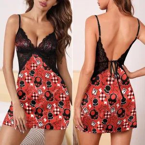 Red Skull Pattern Women's Back Lace Babydolls Nightgowns