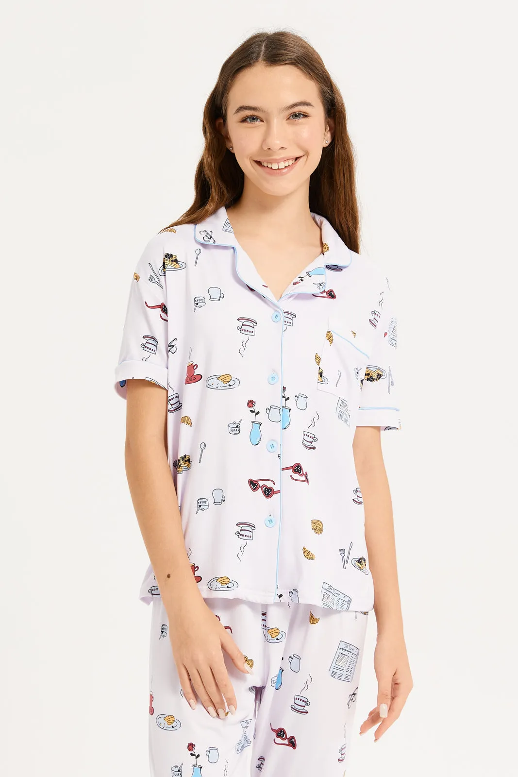 Senior Girls White Printed Shirt Pyjama Set (2 Piece)