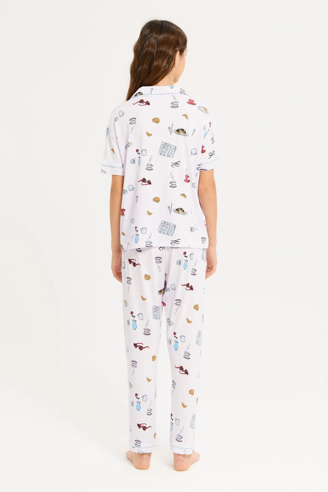 Senior Girls White Printed Shirt Pyjama Set (2 Piece)
