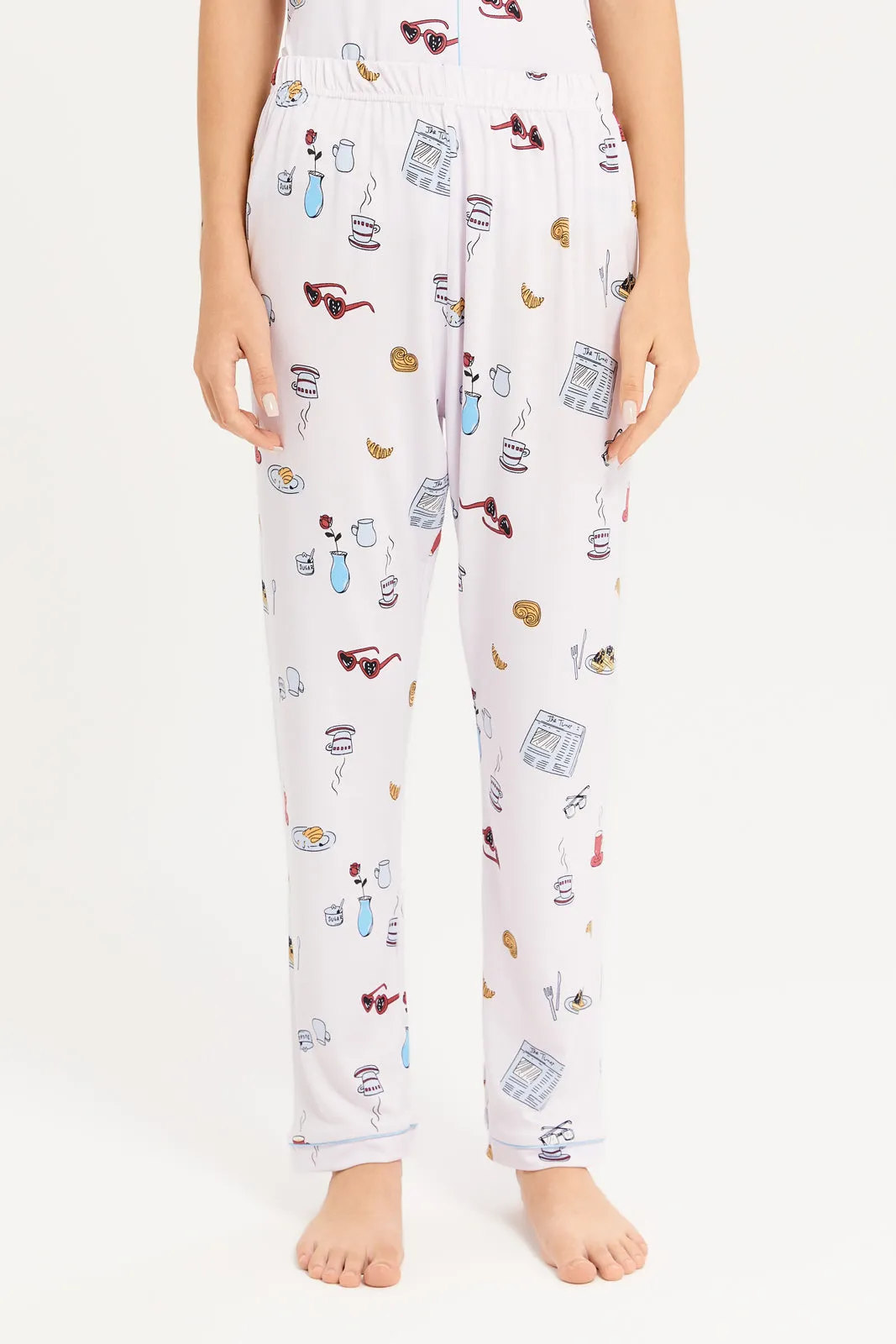Senior Girls White Printed Shirt Pyjama Set (2 Piece)