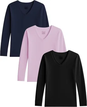 Sexy Basics Women's Cotton Stretch Long Sleeve V- Neck Athletic Tops | Casual & Active Color T Shirts | Multi Packs