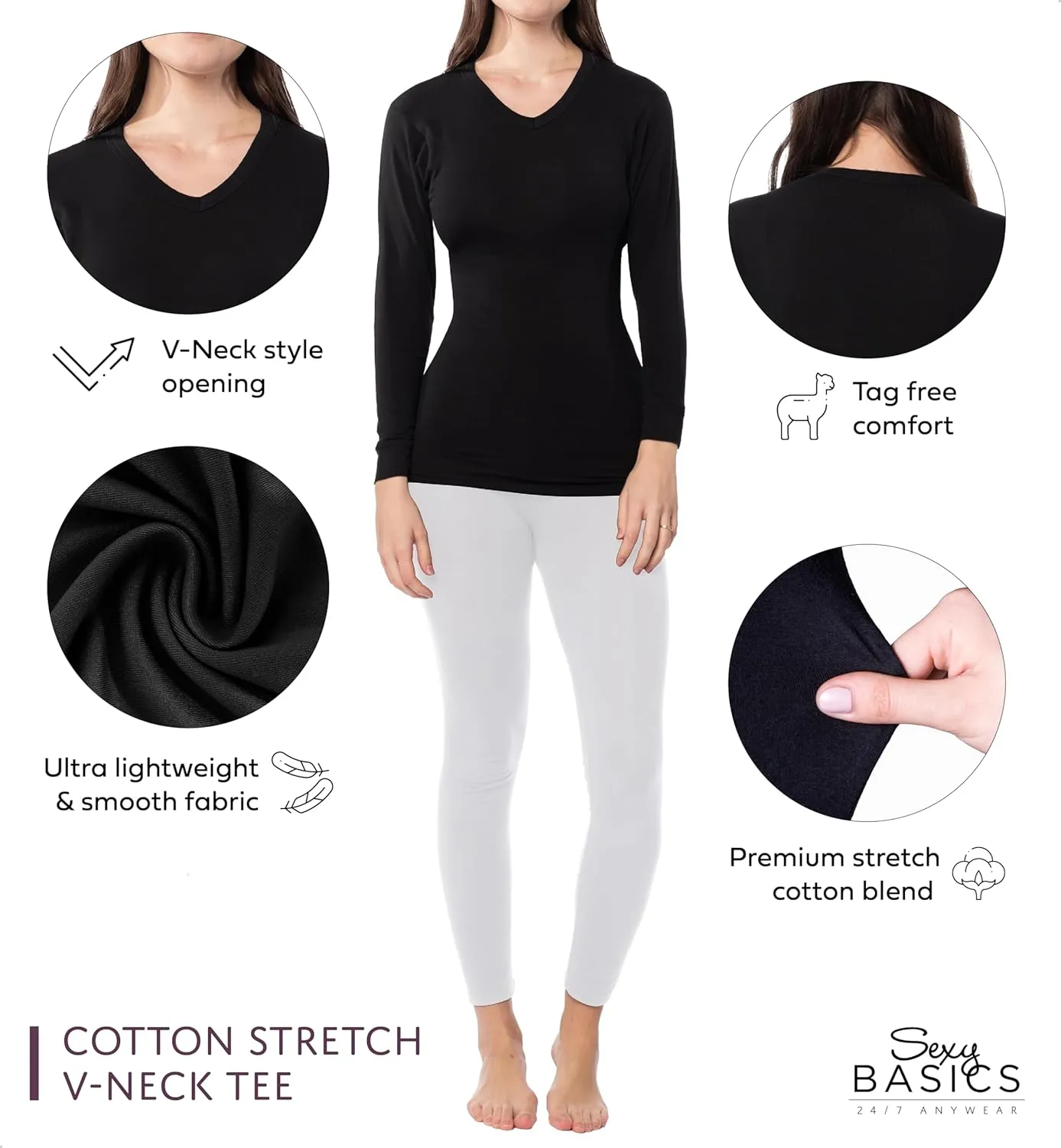 Sexy Basics Women's Cotton Stretch Long Sleeve V- Neck Athletic Tops | Casual & Active Color T Shirts | Multi Packs