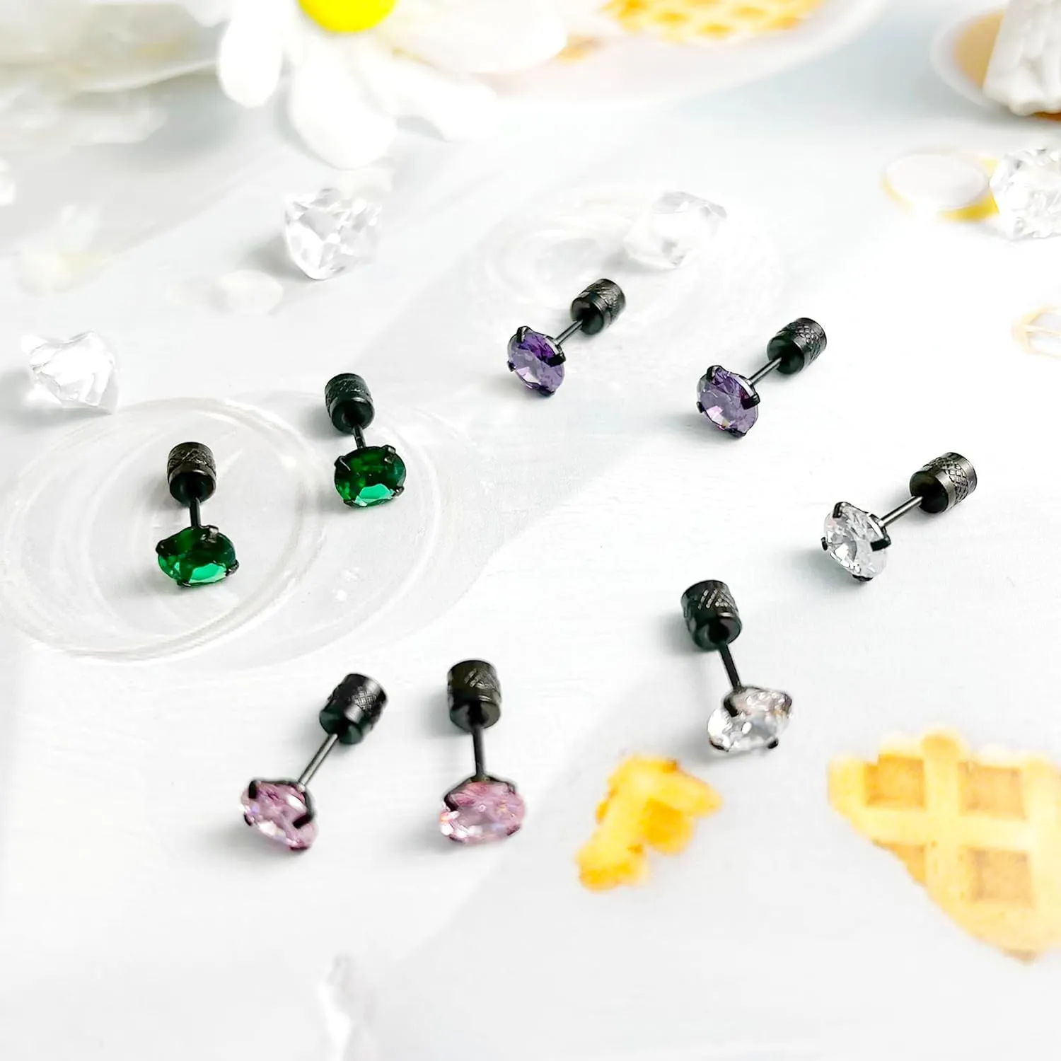 Stainless Steel Screw Back Stud Earrings for Men Women Titanium Hypoallergenic Earring for Sensitive Ears Surgical Steel Rainbow CZ Double Side Black sleeper Studs