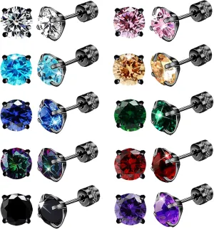 Stainless Steel Screw Back Stud Earrings for Men Women Titanium Hypoallergenic Earring for Sensitive Ears Surgical Steel Rainbow CZ Double Side Black sleeper Studs