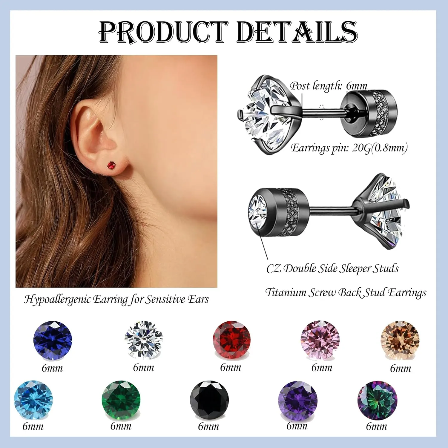 Stainless Steel Screw Back Stud Earrings for Men Women Titanium Hypoallergenic Earring for Sensitive Ears Surgical Steel Rainbow CZ Double Side Black sleeper Studs