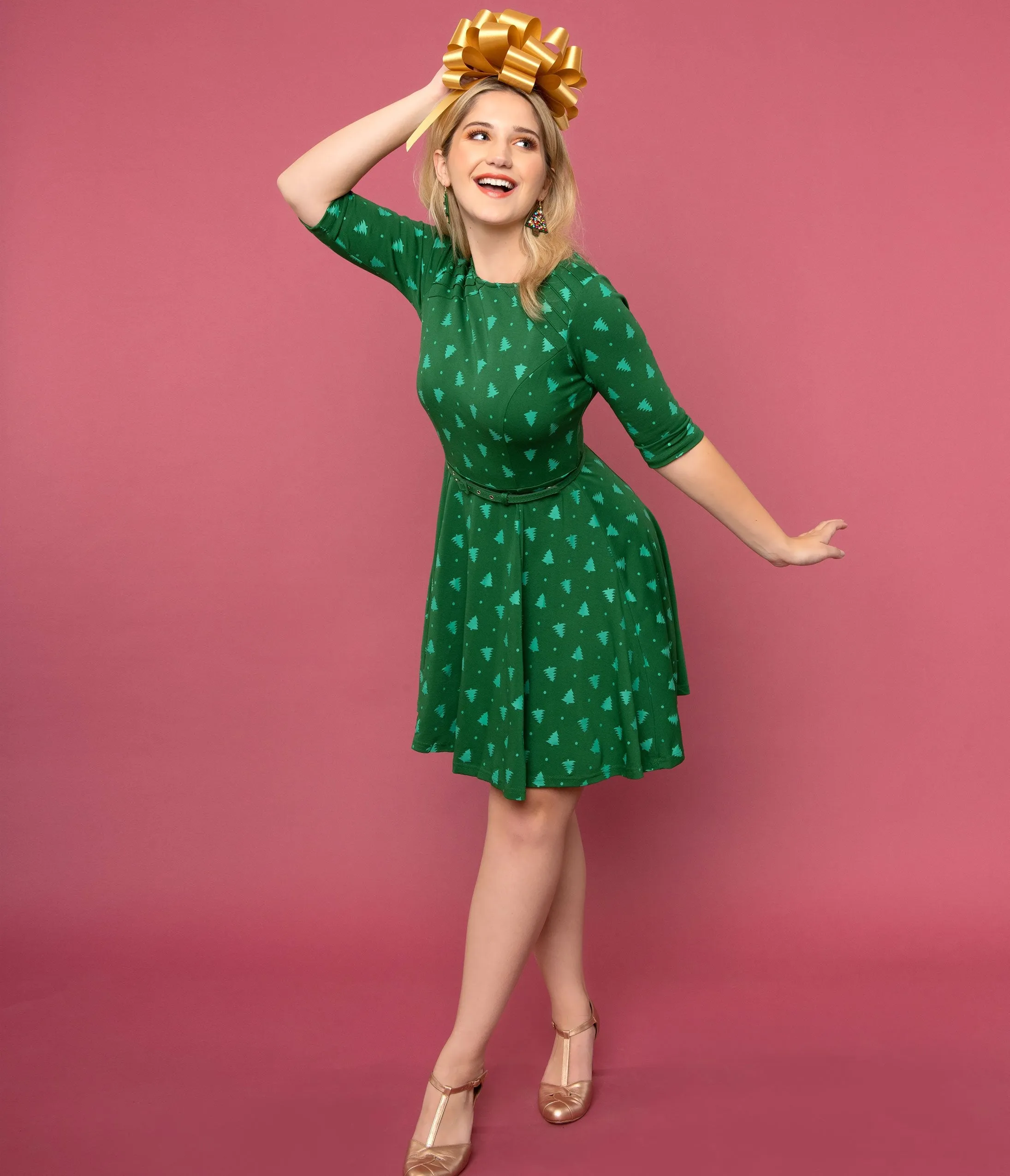 Unique Vintage Green Christmas Tree Print Stephanie Fit & Flare Dress