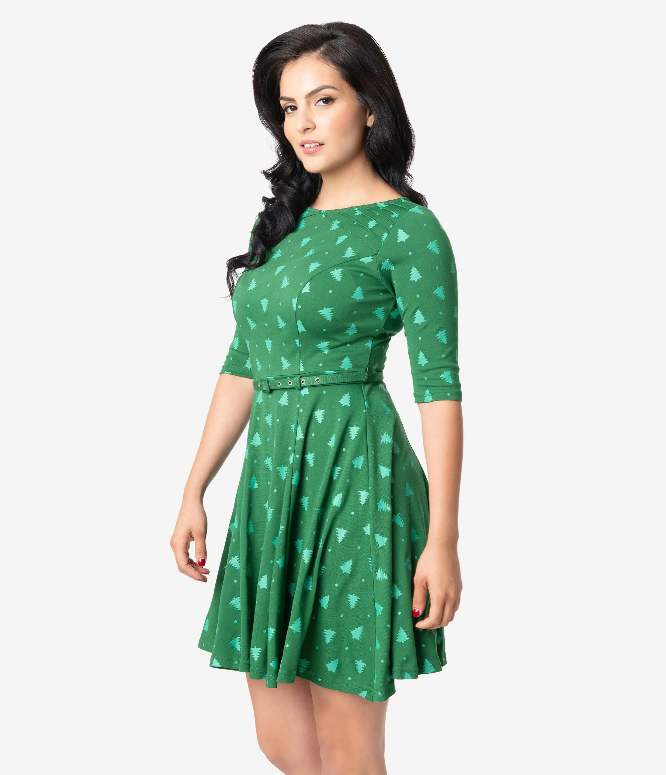 Unique Vintage Green Christmas Tree Print Stephanie Fit & Flare Dress