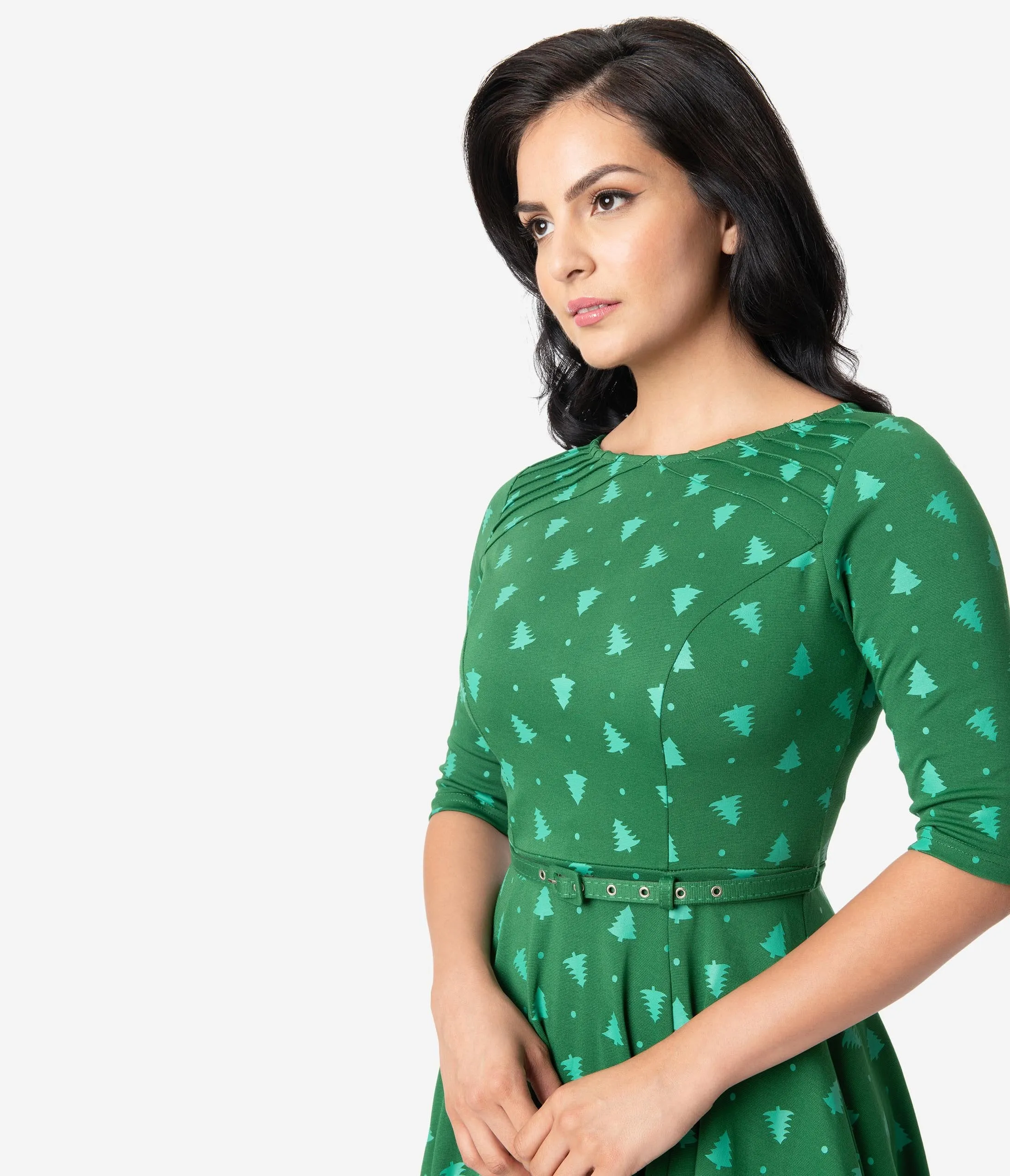 Unique Vintage Green Christmas Tree Print Stephanie Fit & Flare Dress