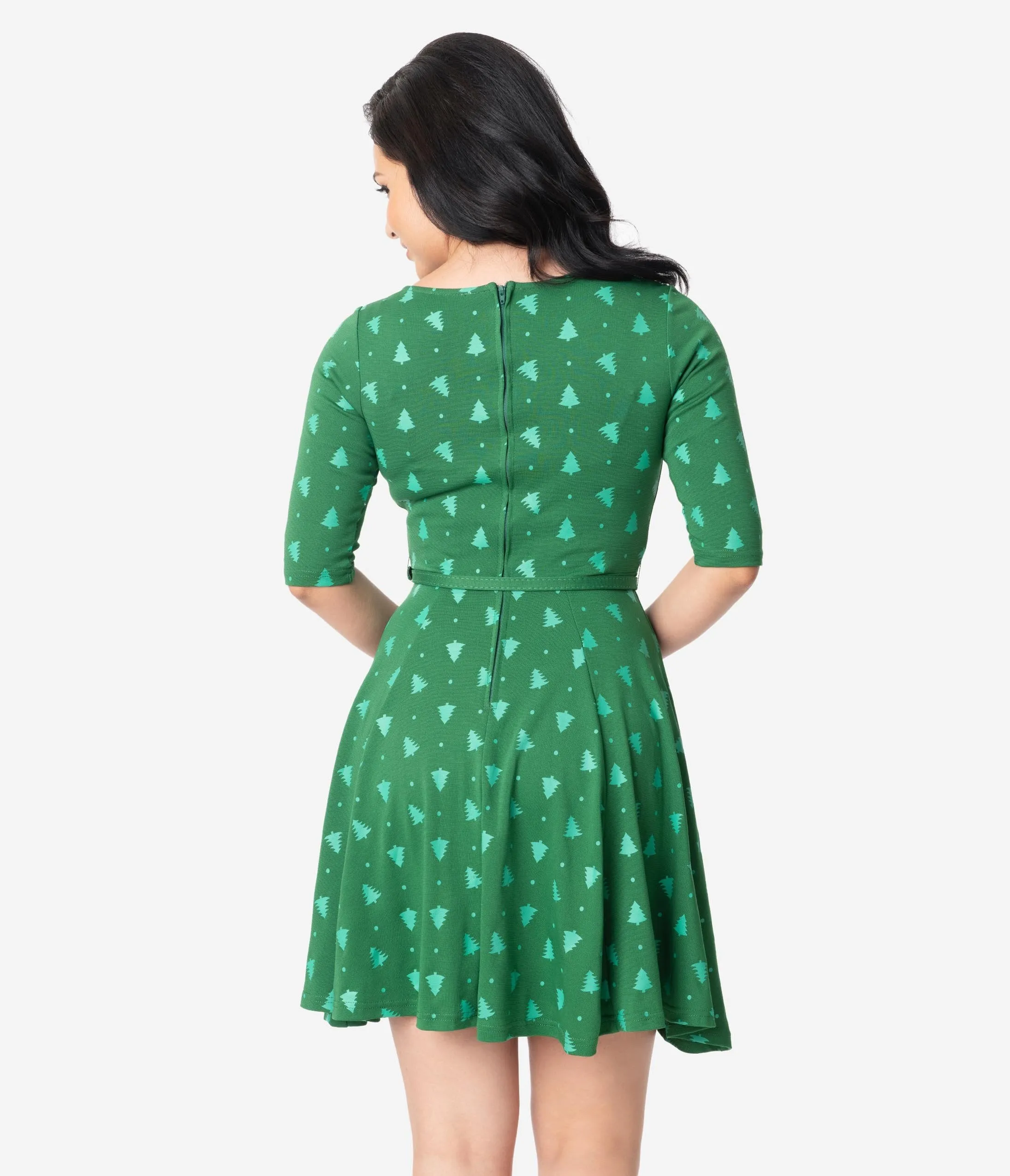 Unique Vintage Green Christmas Tree Print Stephanie Fit & Flare Dress