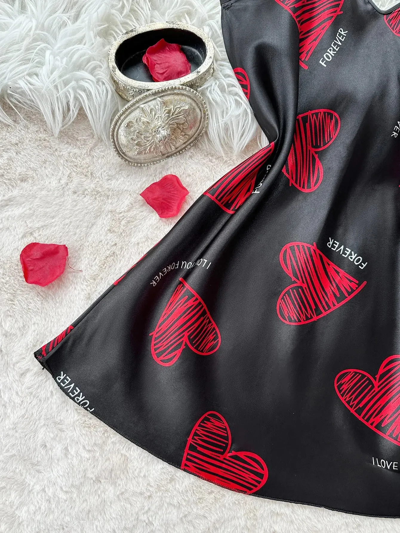 Valentine's Day Red Lip Print Satin Slip Nightdress V Neck Backless Mini Sleep Dress  Women's Sleepwear   Dresses