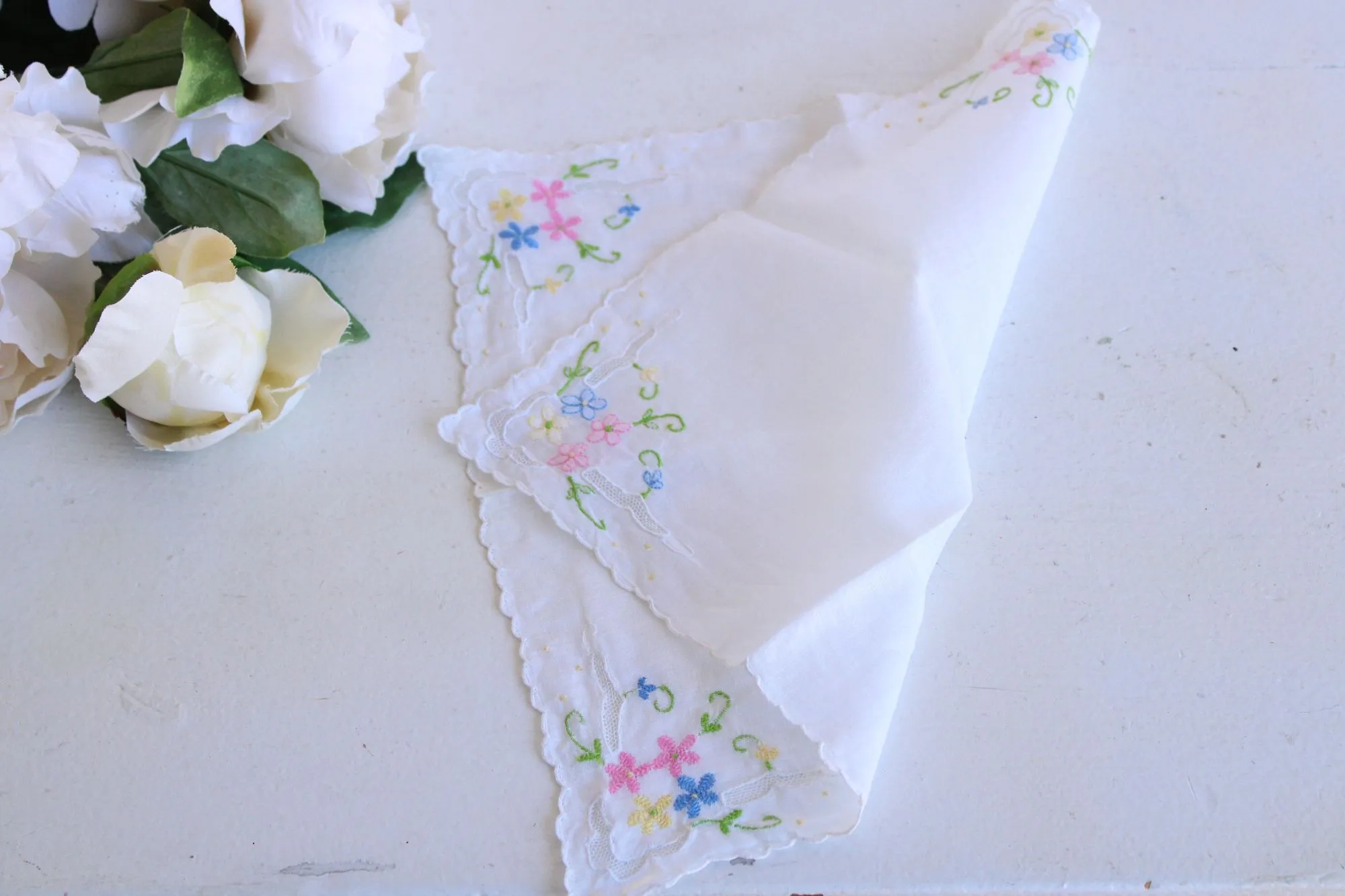 Vintage Pink Blue and Yellow Flower Embroidery on White Cotton Hankie