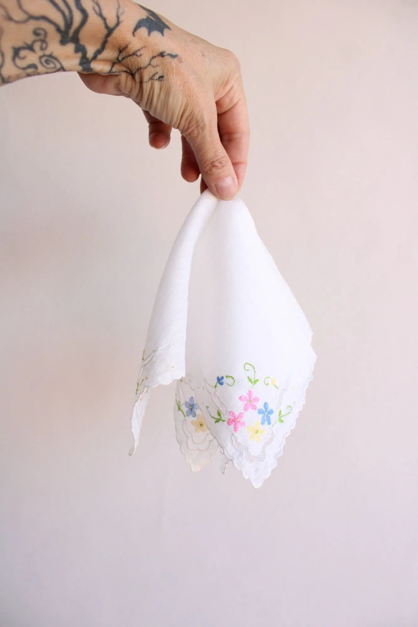 Vintage Pink Blue and Yellow Flower Embroidery on White Cotton Hankie
