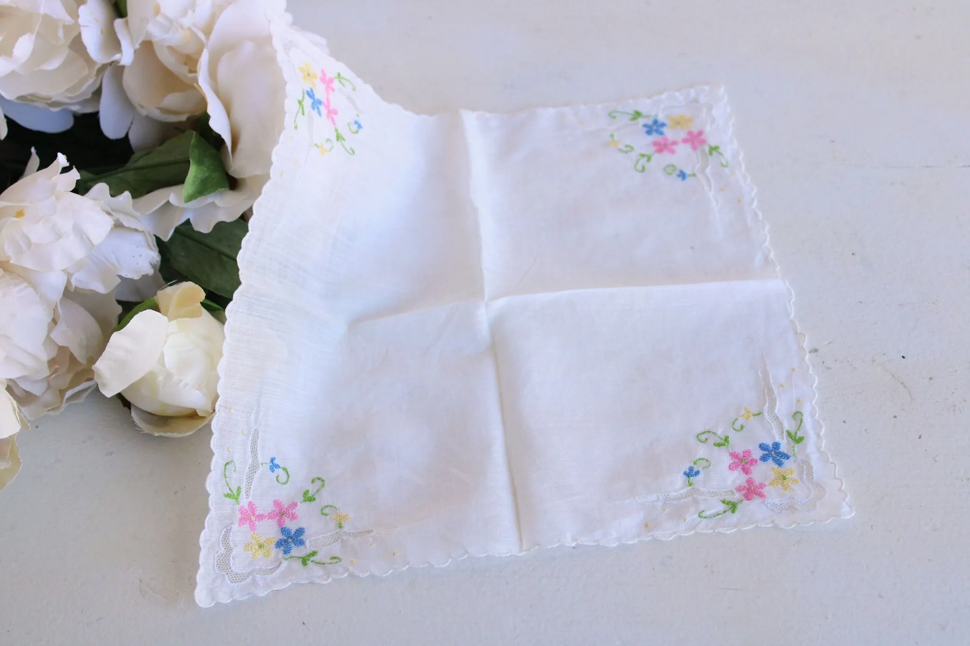 Vintage Pink Blue and Yellow Flower Embroidery on White Cotton Hankie