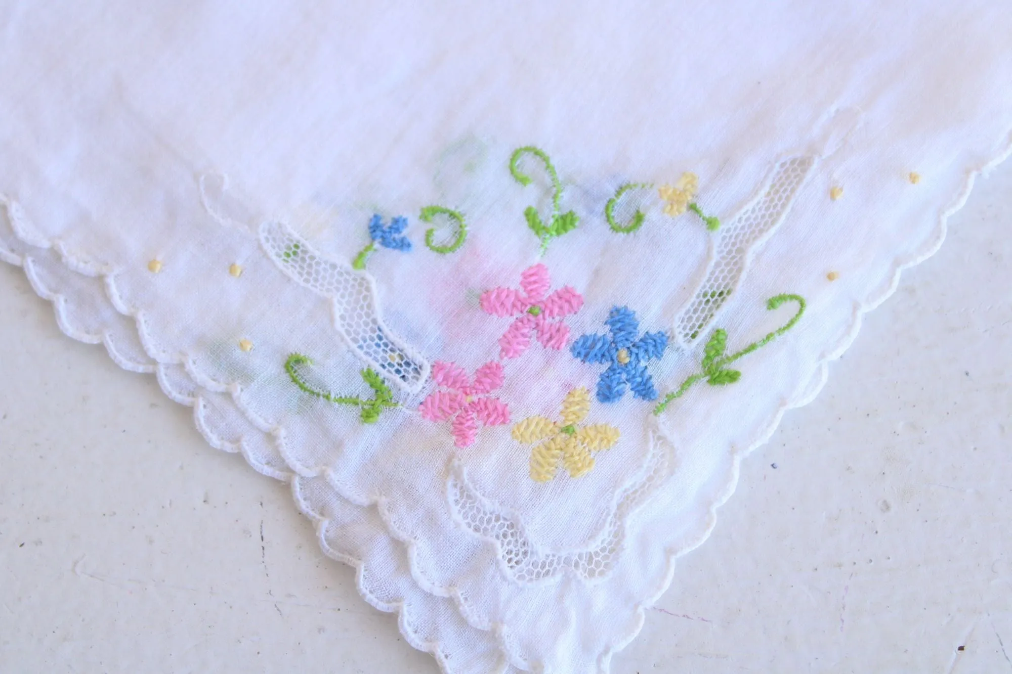 Vintage Pink Blue and Yellow Flower Embroidery on White Cotton Hankie