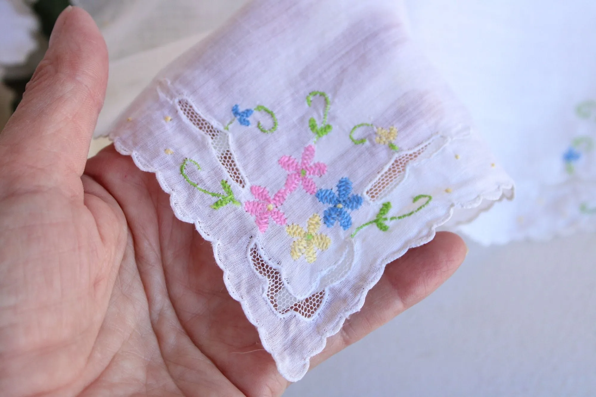 Vintage Pink Blue and Yellow Flower Embroidery on White Cotton Hankie