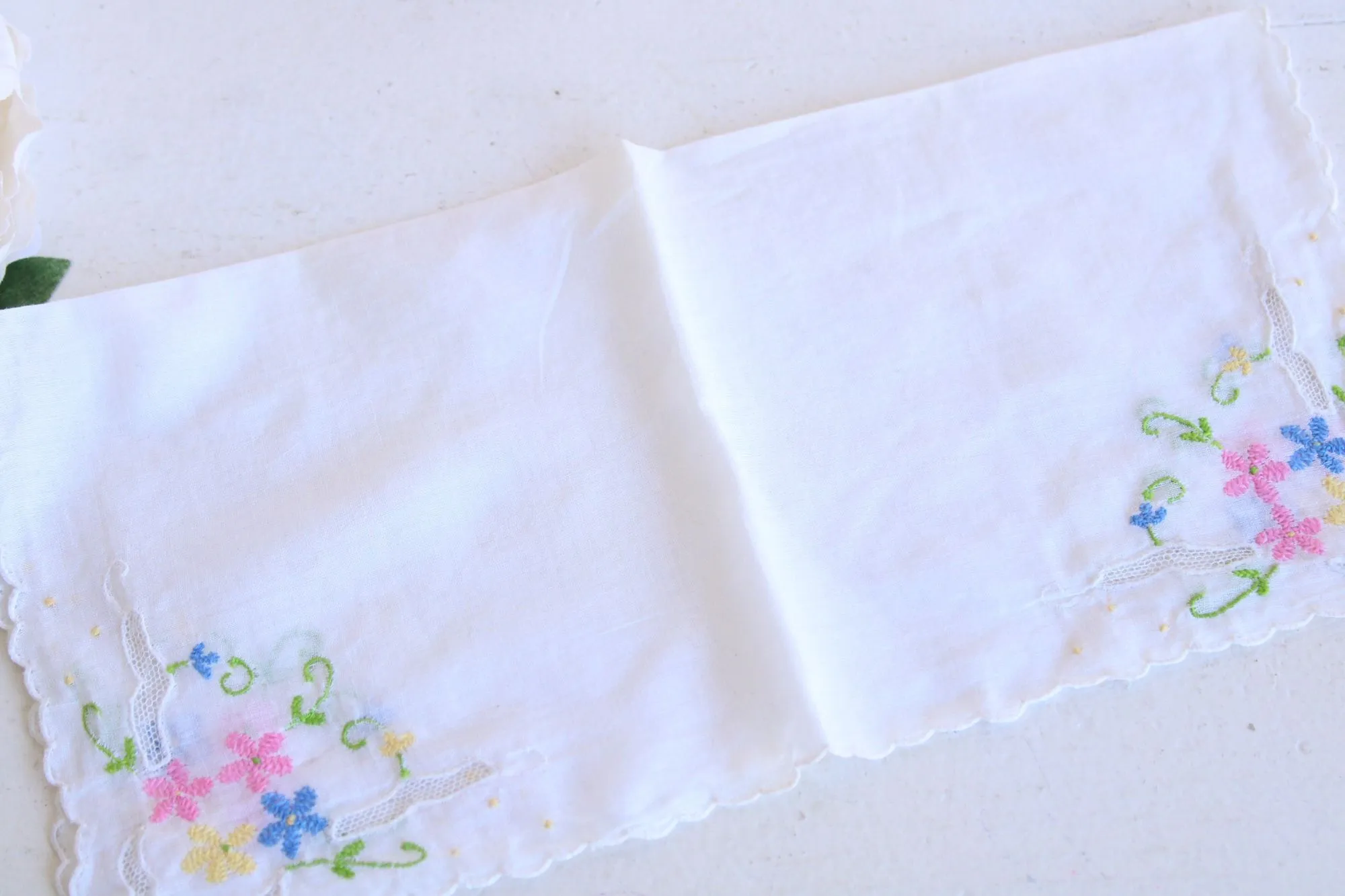 Vintage Pink Blue and Yellow Flower Embroidery on White Cotton Hankie